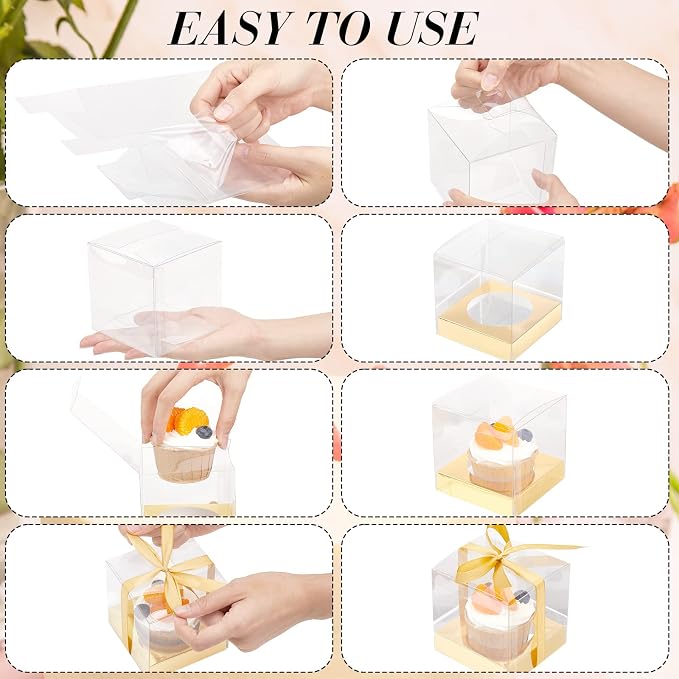 96 Pieces Individual Cupcake Boxes Single Cupcake Container Clear Cupcake Carrier Plastic Cupcake Storage Cupcake Holder with Ribbon and Insert for Wedding Birthday Party Favor, 3.5 x 3.5 x 3.5(Gold) - Image 5