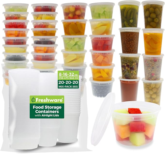 Freshware [60 Count] 8, 16, 32 oz, 20 sets each size Food Storage Containers with Lids,Plastic Deli Containers, Meal Prep Containers, Microwave and Freezer Safe,Stackable, Leakproof, BPA Free, Clear by Freshware