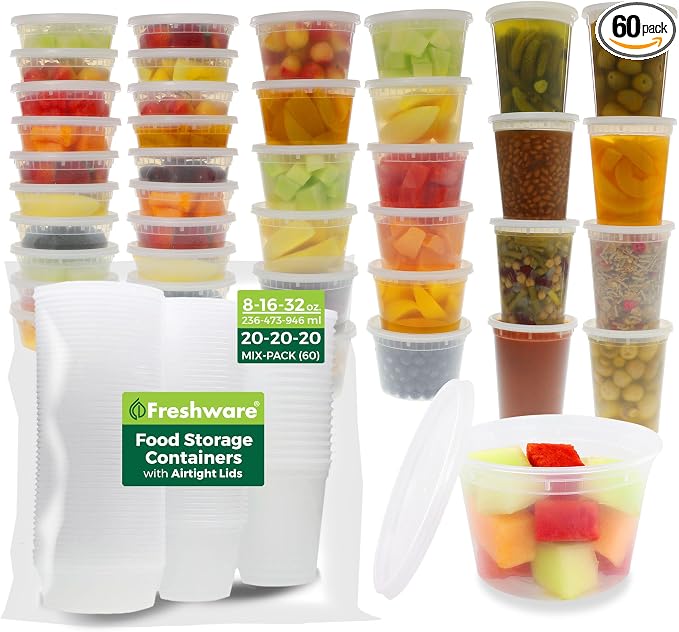 Freshware Food Storage Containers with Lids [60 Pack 8, 16, 32 oz, 20 sets each size] Plastic Deli Containers, Meal Prep Containers, Microwave and Freezer Safe, Stackable, Leakproof, BPA Free, Clear by Freshware