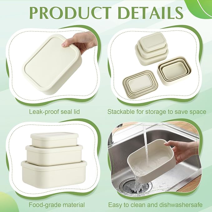 2 Sets of 6 Silicone Food Storage Containers, Reusable Lunch Bento Box with Lid, Hard Shell Storage Containers, Microwave Dishwasher Freezer Safe, 10 oz, 23.6 oz, 44 Ounce(Bone White) - Image 4