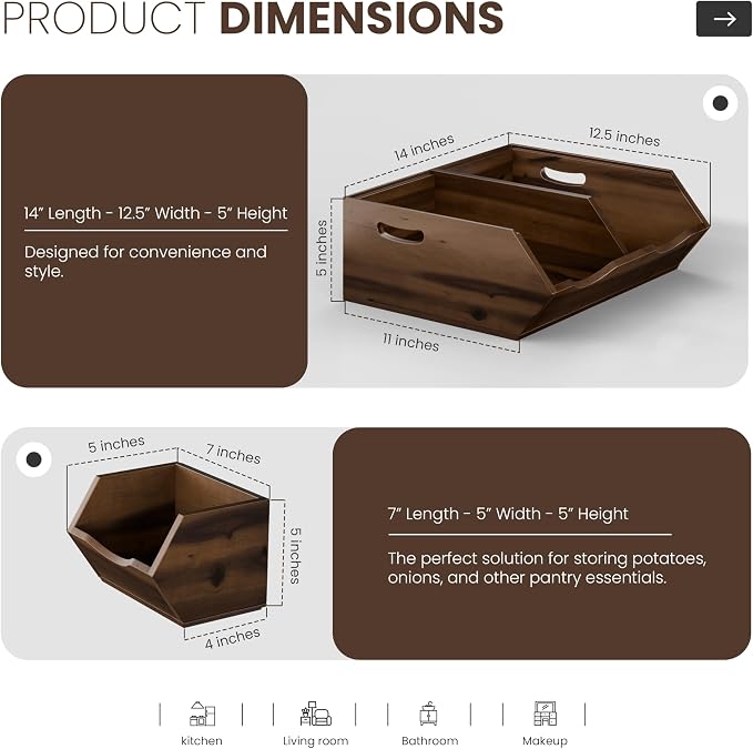 HOLANA Acacia Wood Potato & Onion Storage Bin, Stackable (Patent Pending) | Solid Acacia Wood, No Assembly, 3 Stackable Bins, Integrated Handles, 50LBS Capacity, Non-Skid Pads, Multi-Use, Walnut Finish - Image 2