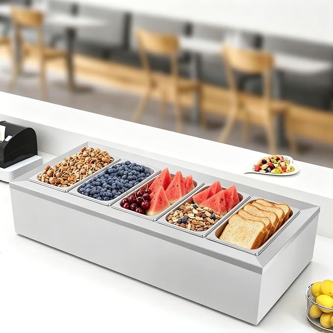 Pizza Oven Topping Station Condiment Food Prep Container Pans Rack | Stainless Steel Container Set with 5 1/3 Pans & Lids, Sandwich Prep Table Ingredients Holder Kitchen Restaurants Buffet - Image 4
