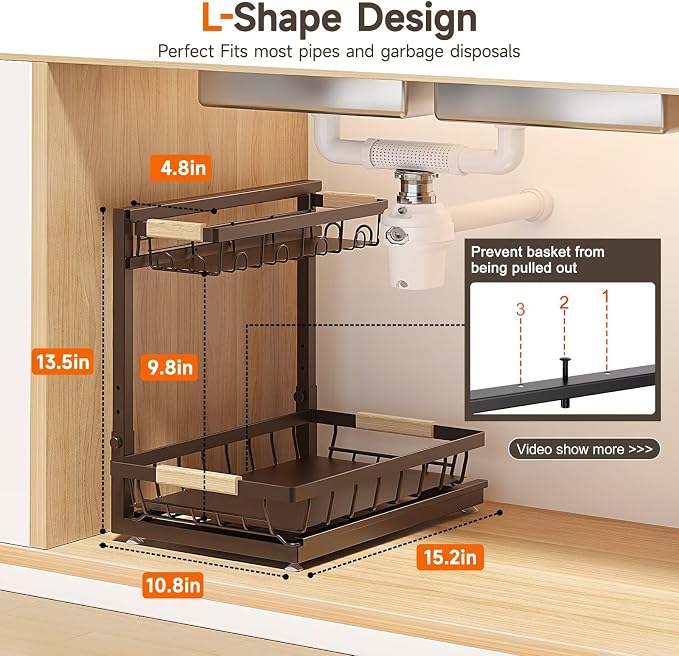 2-Pack 2-Tier Height Adjustable Under Sink Organizer & Storage | Multi-purpose storage for kitchen & bathroom cabinet. Extra Large brown shelf, height adjustable design for space-saving. - Image 2