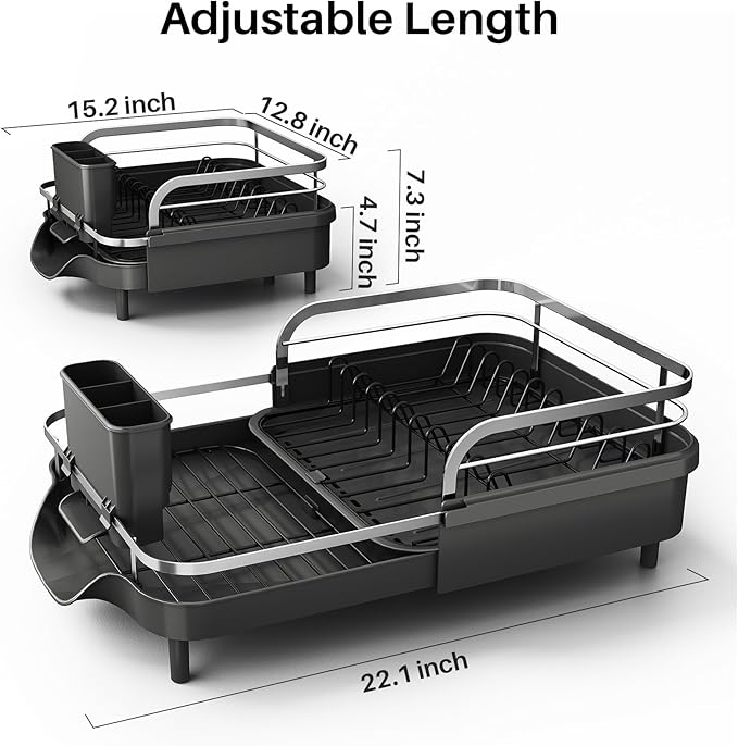 SNTD Expandable Dish Drying Rack for Kitchen Counter, 15.2-22.1 in, Black | Rust-Resistant Stainless Steel, Protective Side Rails, Self-Draining Drainboard, Removable Utensil Holder - Image 2
