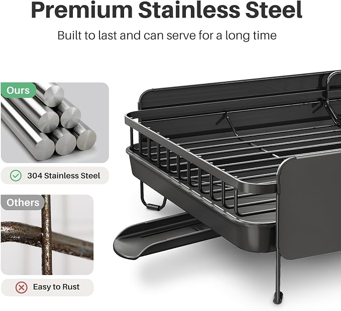 Large Expandable Dish Drying Rack for Kitchen Counter, 19.3-29.4 in, Black | Family Size Capacity, Adjustable Dividers for Pan, Lid & Cutting Board, Stainless Steel, Rotating Spout, Utensil Holder - Image 5