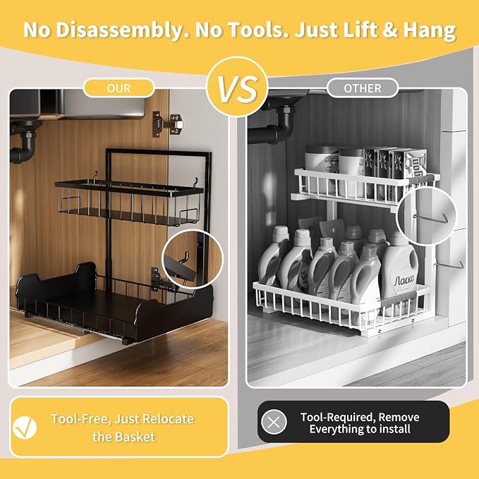 Under Sink Organizer, 2-Tier L-Shaped Pull Out Cabinet Shelf with 2 Installation Methods, Adjustable Sliding Storage Drawer for Kitchen, Bathroom, Laundry, Metal, Black, 2-Pack - Image 5