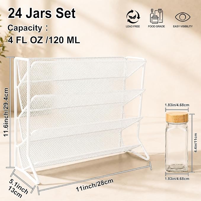 Spice Rack Organizer with Spice Jars & Labels for Countertop & Cabinet | 4-Tier Metal Spice Rack Organizer, 4 fl oz 24 Spice Jars with Bamboo Airtight Lids, 398 Labels for Kitchen Cabinet & Pantry - Image 2