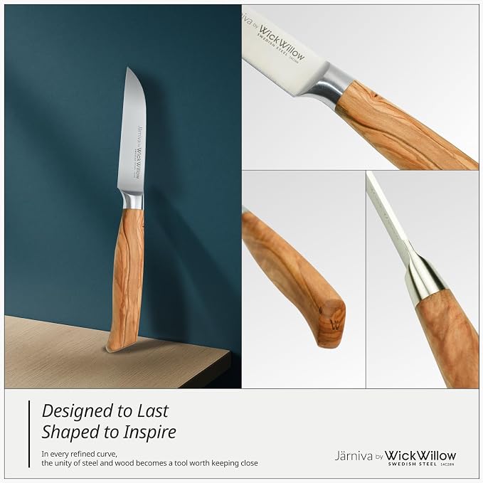 WICKWILLOW 3.5” Paring Knife – Swedish Steel, Olive Wood Handle | Small kitchen knife for peeling, trimming and precision work. Hand wash only. Gift box included. - Image 5