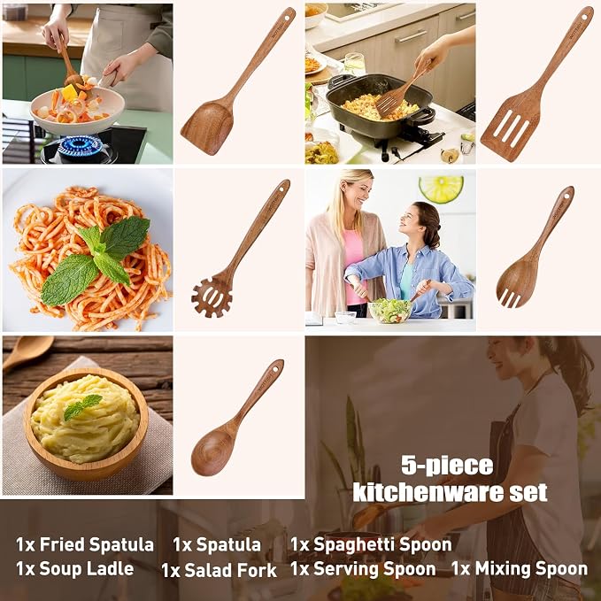Wooden Kitchen Utensil Set - Natural Solid Wood Spoons, Non-Toxic, Heat Resistant, Non-Scratch and Easy to Clean (A05) - Image 7
