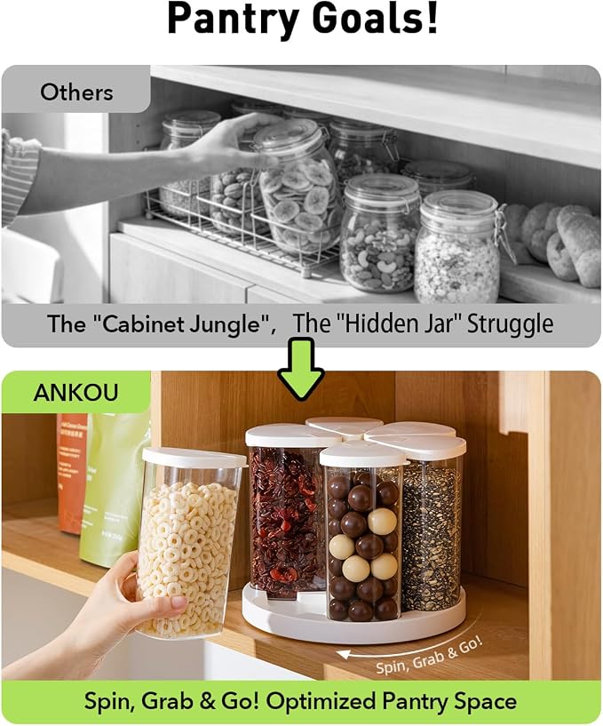Rotating Food Storage Containers Set of 6, 23oz (690ml) Clear PET Jars with Dual Pour Lids, 360° Lazy Susan Pantry Organizer for Snacks, Cereal, Nuts, Oats & Dry Foods, Kitchen Grain Dispenser - Image 2