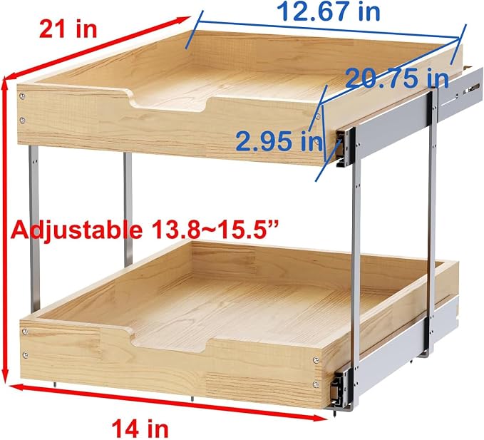 Sikarou Wood Pull Out Cabinet Organizer 2 Tie 14" W x 21" D, Heavy-Duty Sliding Drawers for Inside Cabinets Storage and Organization for Kitchen, Pantry, Bathroom - Image 2