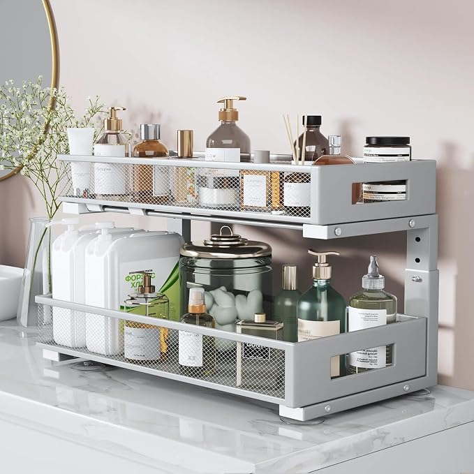 2 Packs 21IN Depth Under Sink Organizer, 2-Tier Pull Out Cabinet Organizer With Smooth Circular Rail, Large Capacity Metal Mesh Sliding Drawers For Bathroom& Kitchen Storage,Height Adjustable-Gun Gray - Image 6
