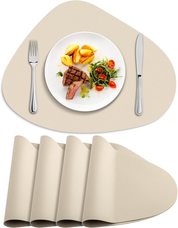 Faux Leather Placemats Set of 4, Wipeable & Washable Table Mats | Waterproof, Heat-Resistant & Easy to Clean Round Place Mats for Dining & Kitchen, 17''x13'', Beige by Delicateandelegantplacemats