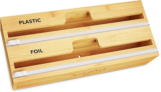 SpaceAid WrapNeat 2 in 1 Wrap Organizer with Cutter and Labels, Plastic Wrap, Aluminum Foil and Wax Bamboo Dispenser for Kitchen Storage Organization Holder for 12" Roll (Natural, 2-Slot) by SpaceAid