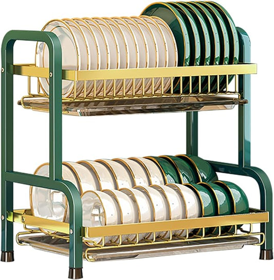 CAKERS Dish Drying Rack with Removable Drain Tray|Carbon Steel Dish Strainers for Kitchen Counter|Tableware Holder Dinnerware Drainer Organizer,Green-Gold,2 Tier-Main Shelf by CAKERS