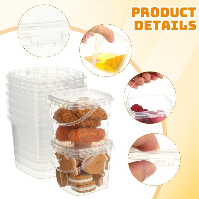 24 Pcs 16.9 oz Square Deli Containers with Lids and Handle Clear Plastic Food Containers Reusable Space Saver Restaurant Stackable Buckets for Meal Food Prep Kitchen Party Supplies - Image 4
