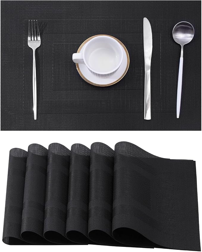 Leetaltree Black Frame Placemats Set of 6 - Heat Resistant Non-Slip Place mats for Dining Table, Washable Durable PVC Vinyl Woven Table Mats（Black Frame, 6） by Leetaltree-ArtatEveryTable