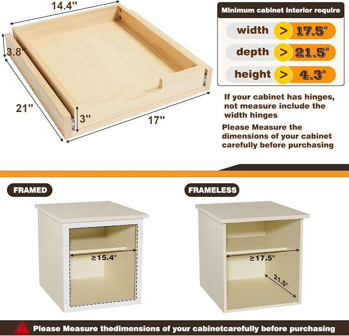 Pull Out Cabinet Organizer, 17''W×21''D Sliding Drawers for Cabinets, Soft Close Slide Out Wooden Pull out Drawers, Base Cabinet Organization for Kitchen, Pantry, Bathroom - Image 3
