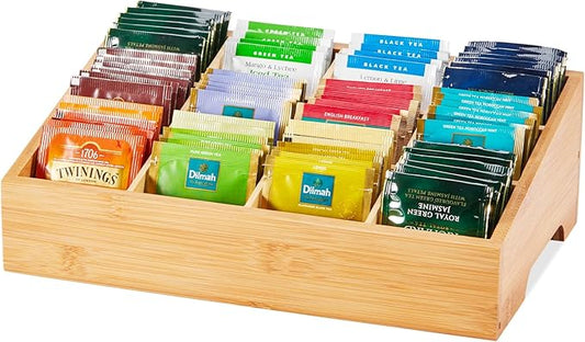 TIMIEEYA Tea Bag Organizer - Bamboo Tea Storage Organizer With 12 Compartments, 1 Layer Tea Organizer for Tea Bags Natural Bamboo for Countertop Office Kitchen Cabinet Pantry by TIMIEEYA