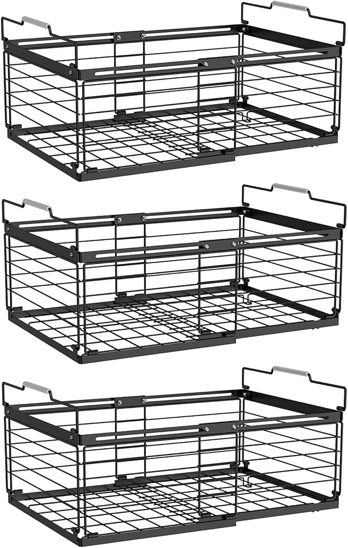 NADAMOO Expandable Chest Freezer Organizer, Stackable Wire Baskets | Adjustable 11-17.3 Inches, Heavy Duty 35 lbs Capacity, Foldable Handles, 360° Airflow, Fits 5-20 Cu Ft Models, 3 Pack by NADAMOO