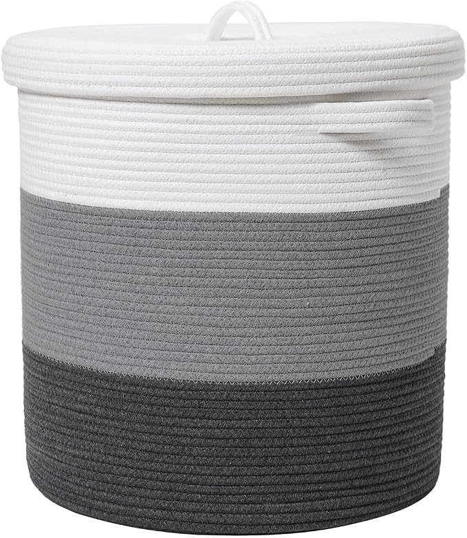 16x18 Inch Extra Large Round Cotton Rope Storage Basket with Lid, Decorative Woven Bin with Cover for Living Room Bedroom Closet, Grey & Dark Grey by Cottonphant