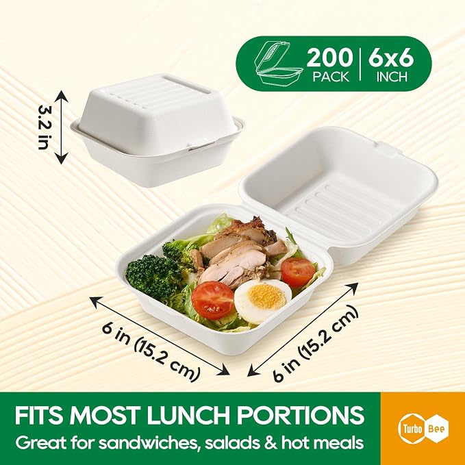 Turbo Bee 200 Pack 6x6inch White Take Out Containers with Lids, Small Disposable Clamshell Food Containers for Lunch, Sides, Snacks, Restaurant, Catering & Food Service - Image 2