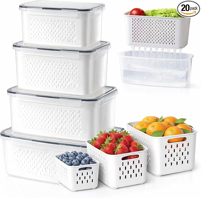 4-in-1 Produce Saver Containers - Fresh Berry Keeper with Removable Colander & Airtight Lid - Stackable Fruit and Vegetable Fridge Organizer Bins - BPA-Free Plastic Food Storage (4pcs) by Unknown