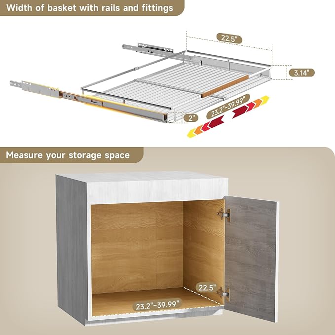 23.2~39.99"x22.5" Pull Out Cabinet Organizer，1Pack Expandable Sliding Cabinet Shelves，Side Mounting - Image 2
