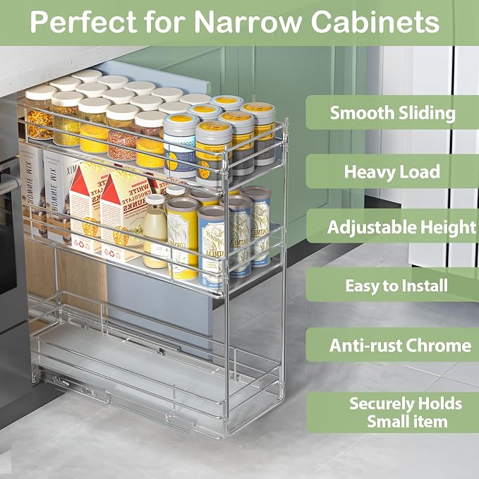 Pull Out Spice Rack Cabinet Organizer (8" W X 20½" D),3 Tier Slide Out Drawer for Narrow Cabinet, Pull Out Shelves Under Cabinet Storage for Kitchen - Image 2