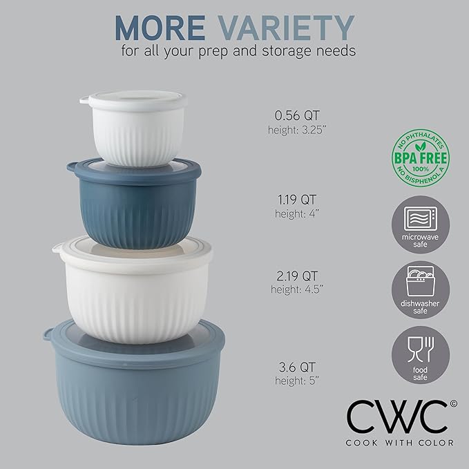 COOK WITH COLOR Prep Bowls with Lids- Wide and Deep Nesting Plastic Small Mixing Bowl Set with Lids, 8 Piece Set - Deep Bowls, Blue/Grey - Image 6