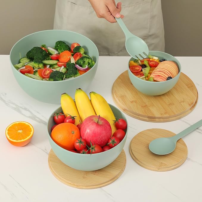 ECOWAY Salad Bowls Set of 3 with Lid & Serving Utensils, Bamboo Fiber Mixing Bowls Set Large Serving Bowls & Storage Set with Bamboo Lid for Salad, Kitchen Eating, Pasta, Popcorn, Chips, Fruit, Cyan - Image 2