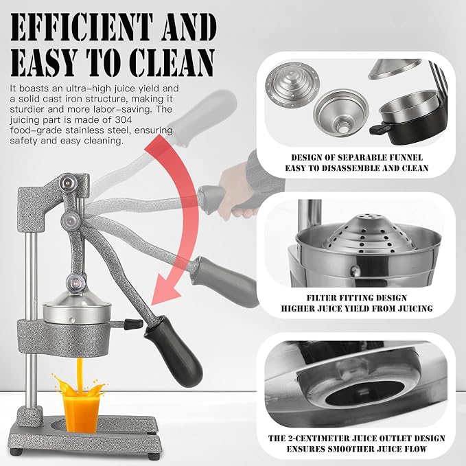 Cast Iron Juicer Hand Press – Heavy Duty Manual Citrus Juicer, Professional Orange Press, Stainless Steel Lemon Squeezer & Lime Juice Extractor (gray) - Image 5