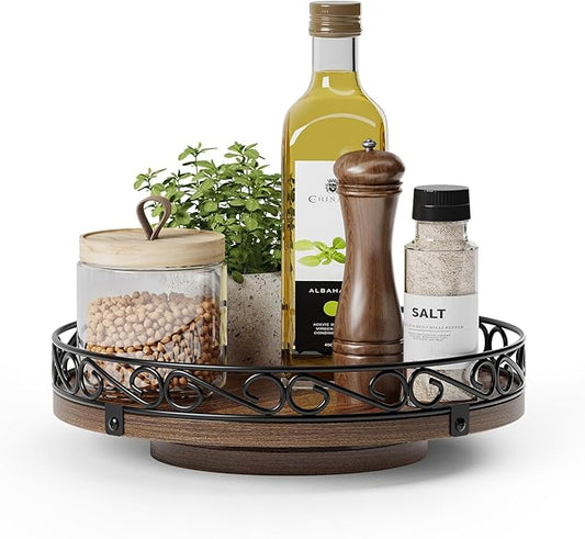9'' Lazy Susan Turntable Organizer for Table Top, Wooden Lazy Susan Cabinet | Farmhouse Rotating Decor Tray for Dining Table, Pantry, Kitchen Countertop, Spice, Bathroom Vanity, Round Patterned Rim,Brown by Yoobure