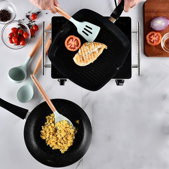 Kitchen Utensils Set, 5 Pcs Non-Stick Silicone Kitchen Cooking Utensils with Wooden Handle, Kitchen Spatula Cookware Utensils Set, Heat Resistant Silicone Kitchen Gadgets (Light Green) - Image 2