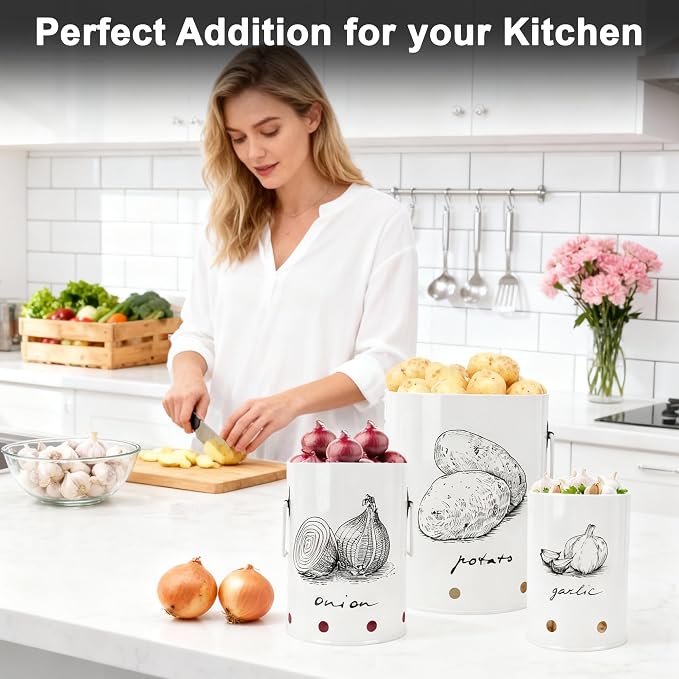 Kitchen Potato and Onion Storage Bin,Metal Vegetable Storage Bins Set of 3 with Aerating Holes and Lids,Farmhouse Canisters Sets for the Kitchen Countertop (1, Circular) - Image 7