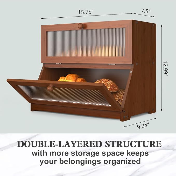 LOHASOK Bread Box for Kitchen Countertop,Brown | 2-layer, Bamboo, Large, Farmhouse Bread Container Holder Storage, Acrylic translucent window - Image 5