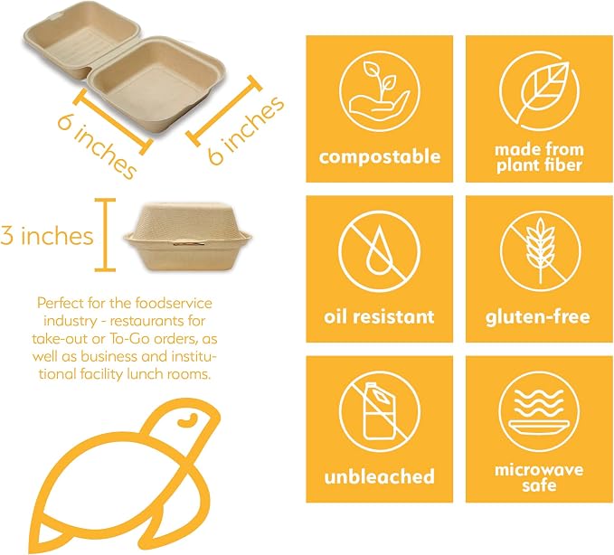 100% Compostable Disposable Food Containers with Lids [6”X6” 50 Pack] Eco-Friendly Take-Out TO-GO Containers, Heavy-Duty, Biodegradable, Unbleached by Earth's Natural Alternative - Image 2
