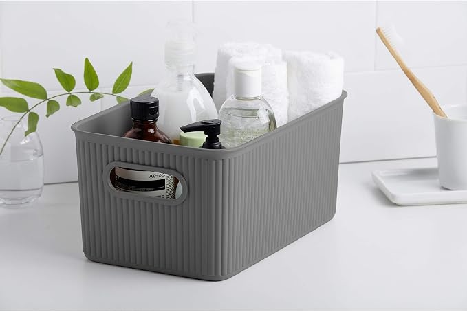 Superio Ribbed Collection - Decorative Plastic Basket Open Home Storage Bins Organizer, Grey (Set of 3) 1 X-Large, 1 Large, 1 Medium - Container Boxes for Organizing Closet Storage Bins for Shelves - Image 6