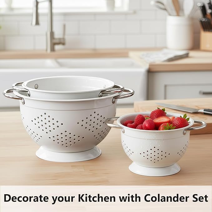 Colander Set for Kitchen, 1.5, 3, 5 Qt Food Strainers and Colanders | Stainless Steel Handle,Strainers and Colanders For Pasta, Vegetables, and Fruits, Coated Metal, Kitchen Essential - Image 2
