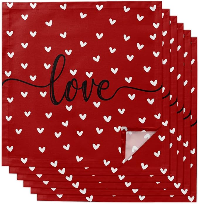 Kitchen Cloth Napkins 6 Pack Reusable Dinner Napkins Valentine's Day White Love Heart Red Texture Polyester Soft Smooth Fabric Table Napkin for Wedding Banquet Party Decoration (20x20 Inches) by T%26H+XHome