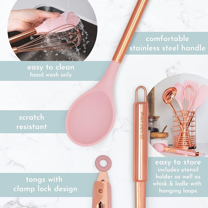 Styled Settings Copper and Pink Kitchen Utensils Set, 17-Piece | Utensils Set with Copper Utensil Holder and Measuring Cups and Spoons for Stylish Cooking and Baking - Image 5