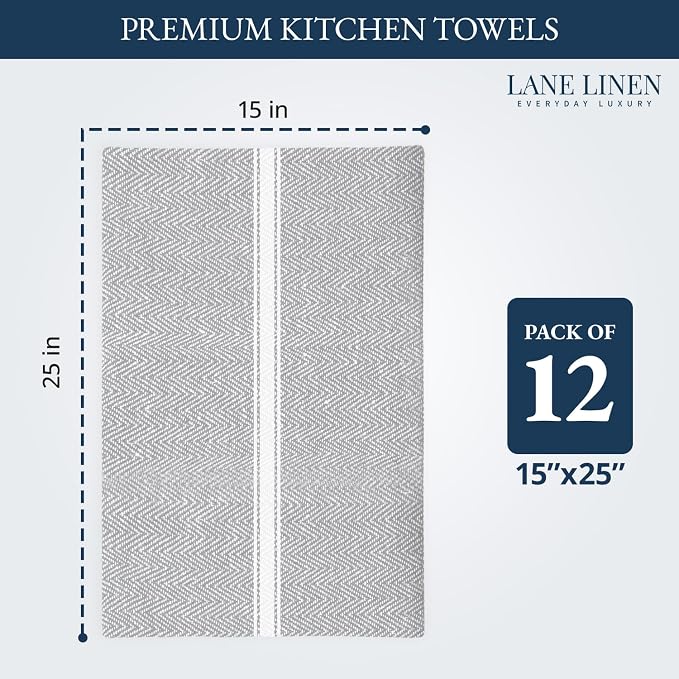 LANE LINEN Kitchen Towel Set, Pack of 12-14"x25" Tea Towels for Kitchen, Dish Drying Towels, Absorbent & Machine Washable, Soft & Durable, Reusable Cleaning Cloth for Glassware - Grey Chambray - Image 2