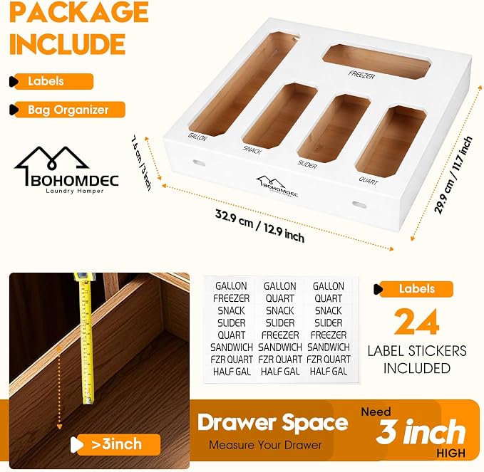 Bamboo Ziplock Bag Storage Organizer for Drawer -White, 5 in 1 Baggie Organizer with 24 Labels - Fits Gallon, Quart, Sandwich & Snack Bags - Wall Mountable Kitchen Drawer Organizer, 3in - Image 3