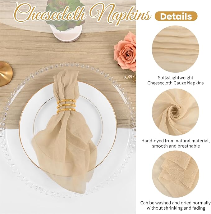 50 Pack Beige Cloth Napkins 20x20 Inch Cheesecloth Napkins | Elegant Cloth Napkins for Table, Washable Rustic Boho Gauze Napkins, for Wedding Party Bridal Baby Shower Dinner Table Decor - Image 3