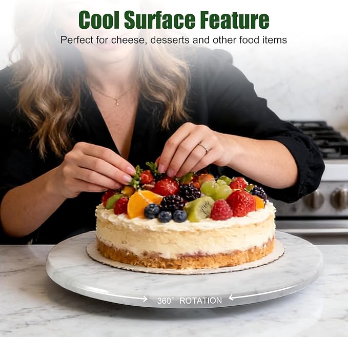12" Marble Lazy Susan Turntable - 100% Natural Stone Round Serving Tray with Silent Spinning, Revolving Cake Stand & Cheese Board for Kitchen Countertop, Cupcake Table Display, Food, Seasoning (White) - Image 6