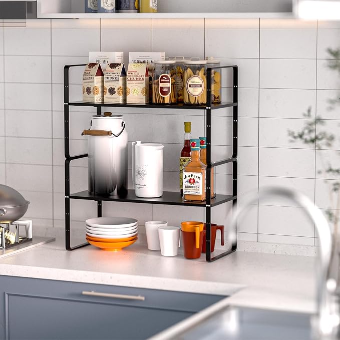 Expandable Kitchen Cabinet Shelf Organizers 2 Pack, Stackable Metal Pantry Storage Shelves Rack, Adjustable Counter Shelf for Cabinets, Countertop, Cupboard Organizers and Storage, Black - Image 3