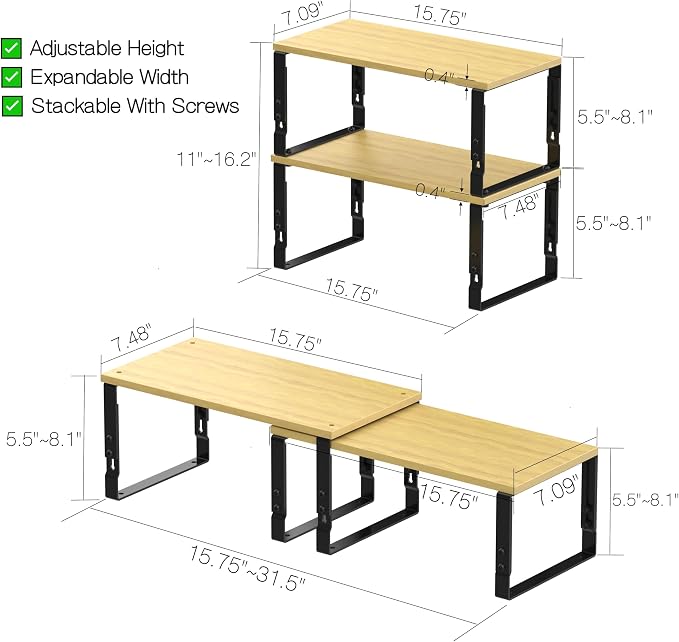 Adjustable Storage Shelves for Kitchen Cabinet Organization - Set of 2 Stackable Metal & Solid Wood Racks, Space-Saving Design for Countertop/Pantry/Garage, Easy Assembly(1 Pack/Large/Black) - Image 3