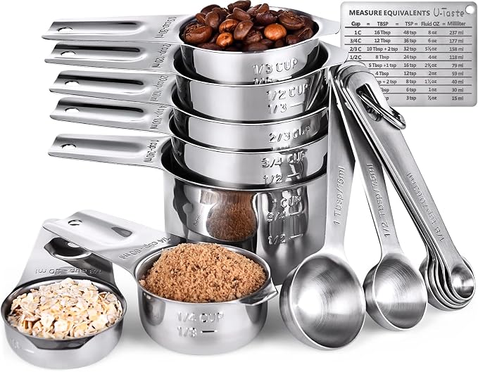 U-Taste Measuring Cups and Spoons Set of 15, 2 D-Rings & 1 Conversion Chart | 18/8 Stainless Steel Teaspoon Tablespoon, Stackable Metal Measuring Set, Magnetic Measure Chart, Kitchen Baking Cooking Food by U-Taste