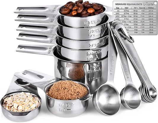 U-Taste Measuring Cups and Spoons Set of 15, 2 D-Rings & 1 Conversion Chart | 18/8 Stainless Steel Teaspoon Tablespoon, Stackable Metal Measuring Set, Magnetic Measure Chart, Kitchen Baking Cooking Food by U-Taste