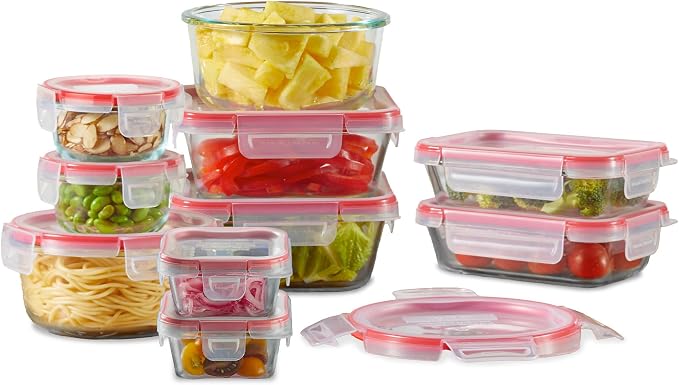 Pyrex Freshlock (10-Pack) Mixed Sizes Airtight Glass Food Storage Set | Plastic BPA-free leakproof locking lids by Pyrex